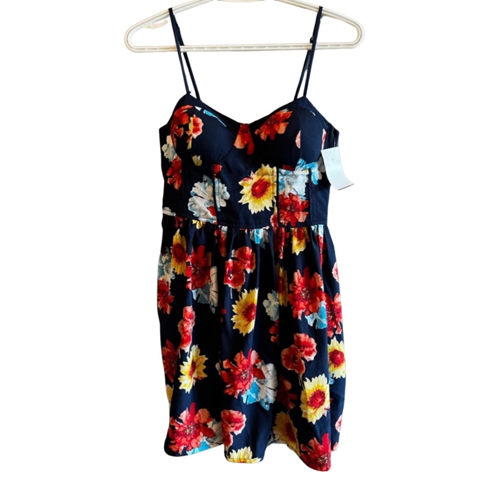 NWT Blue & Yellow Floral Mini Dress with pockets (!) | Spaghetti Straps | Size M